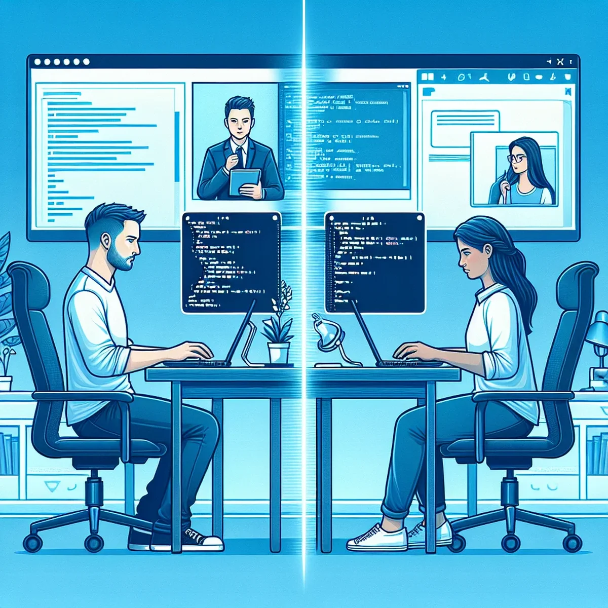 Two developers collaborating over remote pair programming session