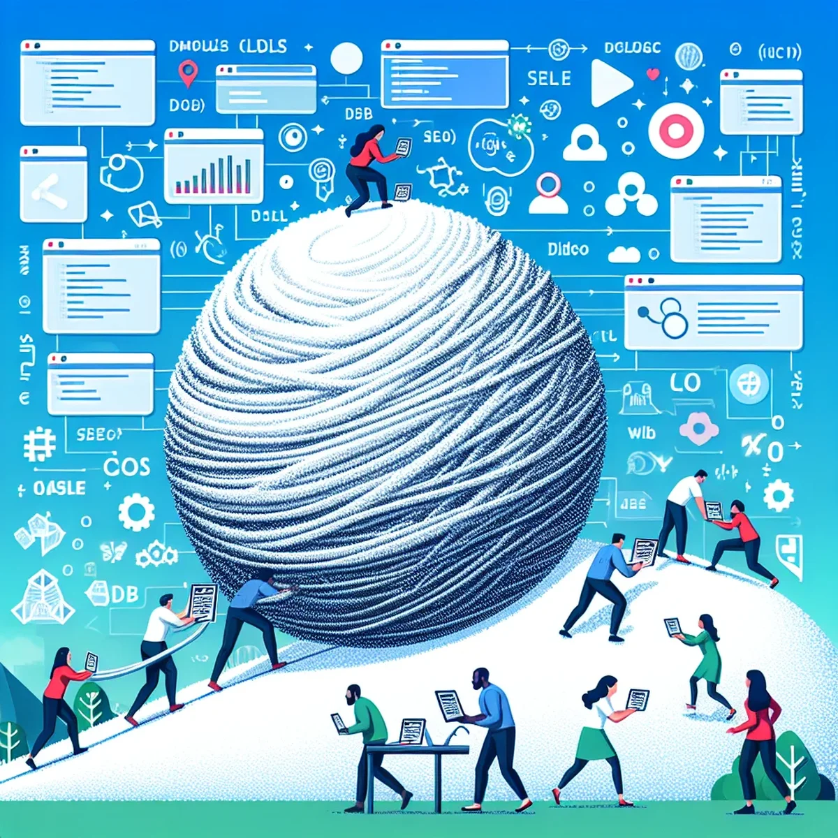 Illustration of a snowball rolling down a hill representing growing technical debt